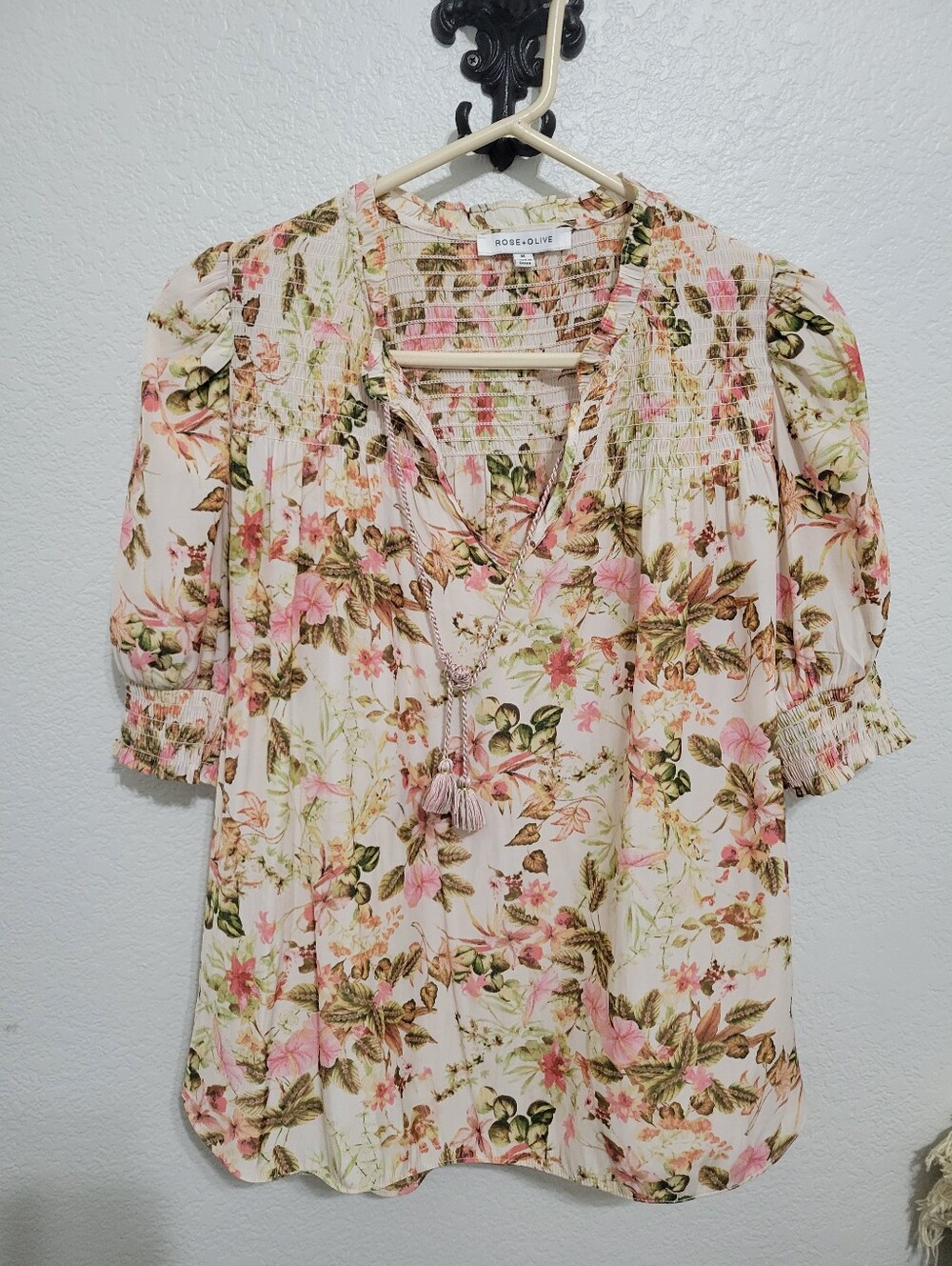 Rose & Olive Cream Floral Smocked V-Neck Blouse with Tassel Tie